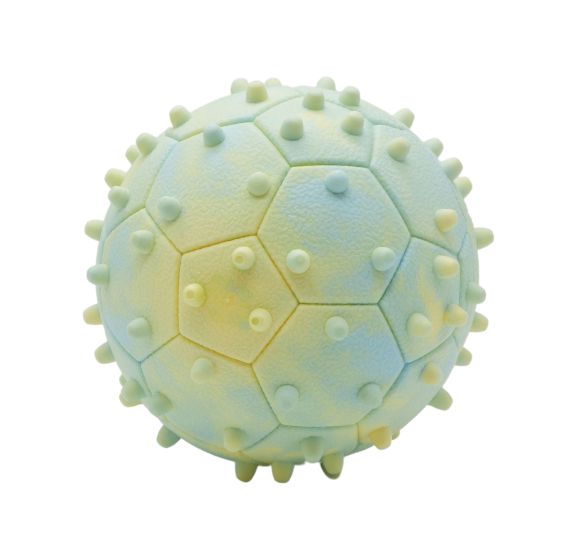 Bud'Z Floating Rubber Dog Toy - Blue And Yellow Pentagon Ball With Spike Dog 5in