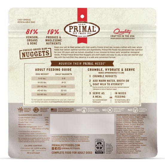 Primal Raw Freeze-Dried Nuggets Venison Formula Dog Food, 14-oz (Size: 14-oz)