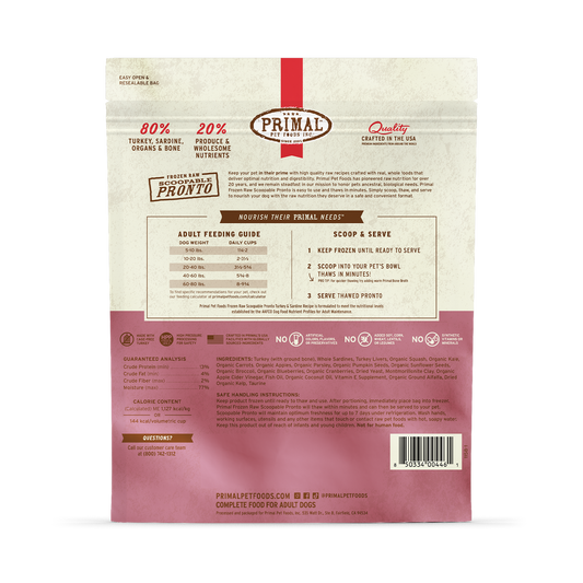 Primal Pronto Raw Frozen Turkey & Sardine Formula Dog Food, 4-lb