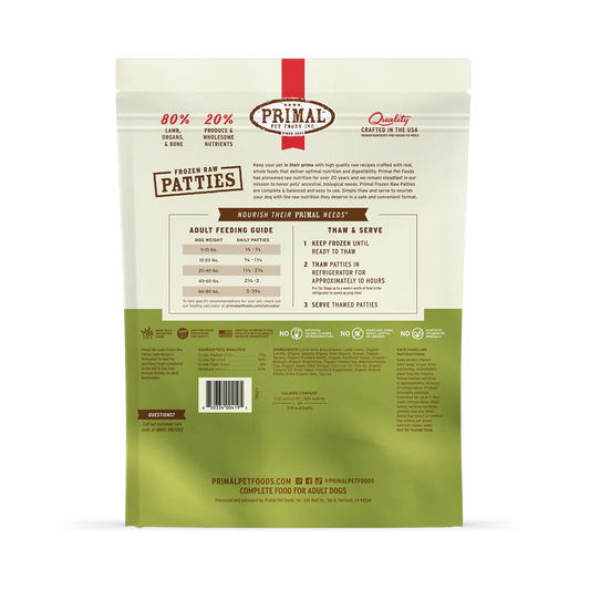 Primal Frozen Raw Patties Lamb Recipe Dog Food 6-lb