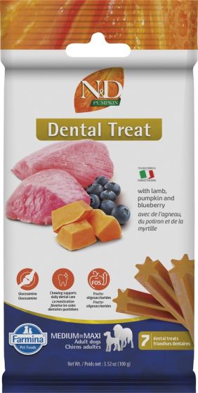 FARMINA N&D Dental Treat Pumpkin, Lamb Blueberry Med/Max Dog Treat, 100-gr