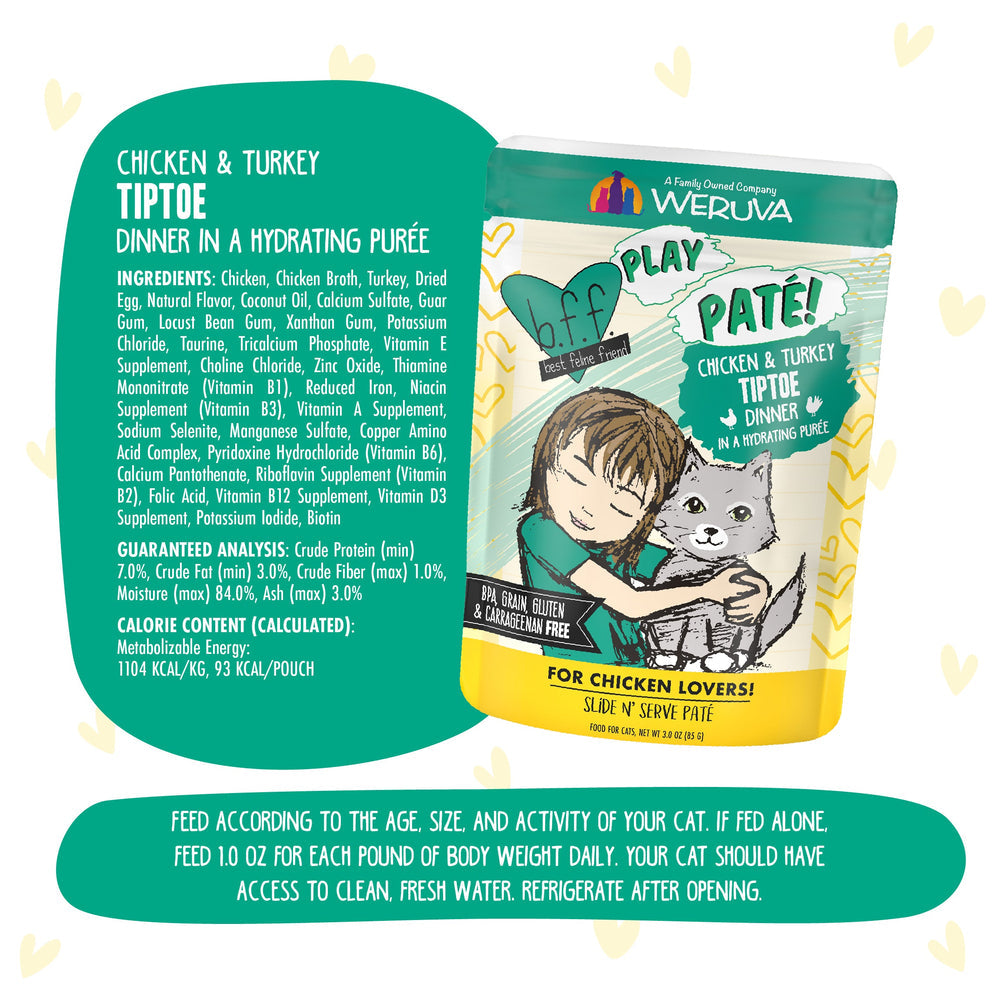 BFF PLAY PATE Chicken & Turkey Tiptoe Wet Cat Food Pouch, 3.0-oz