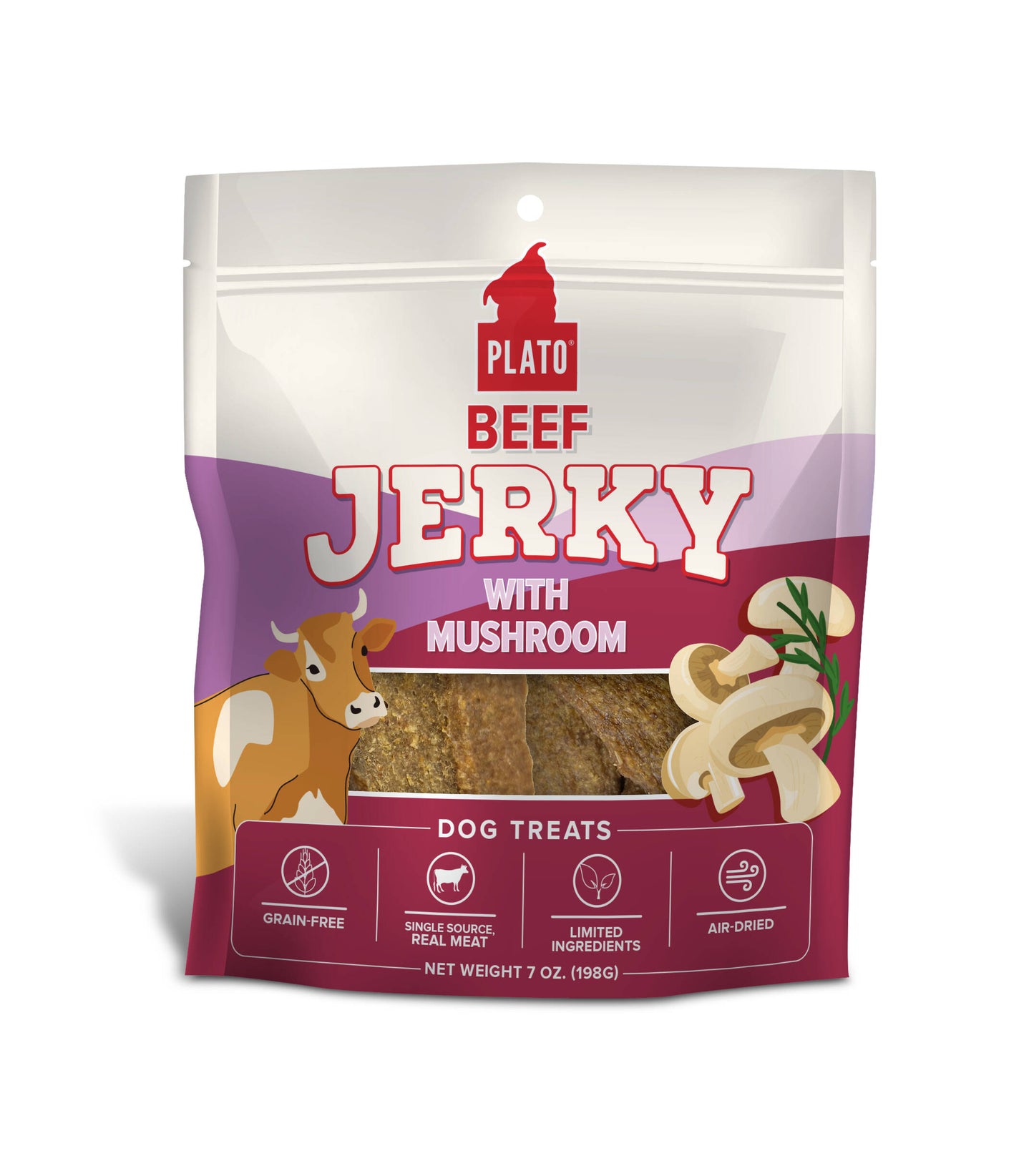 Plato Pet Treats Beef Jerky with Mushroom, 7-oz
