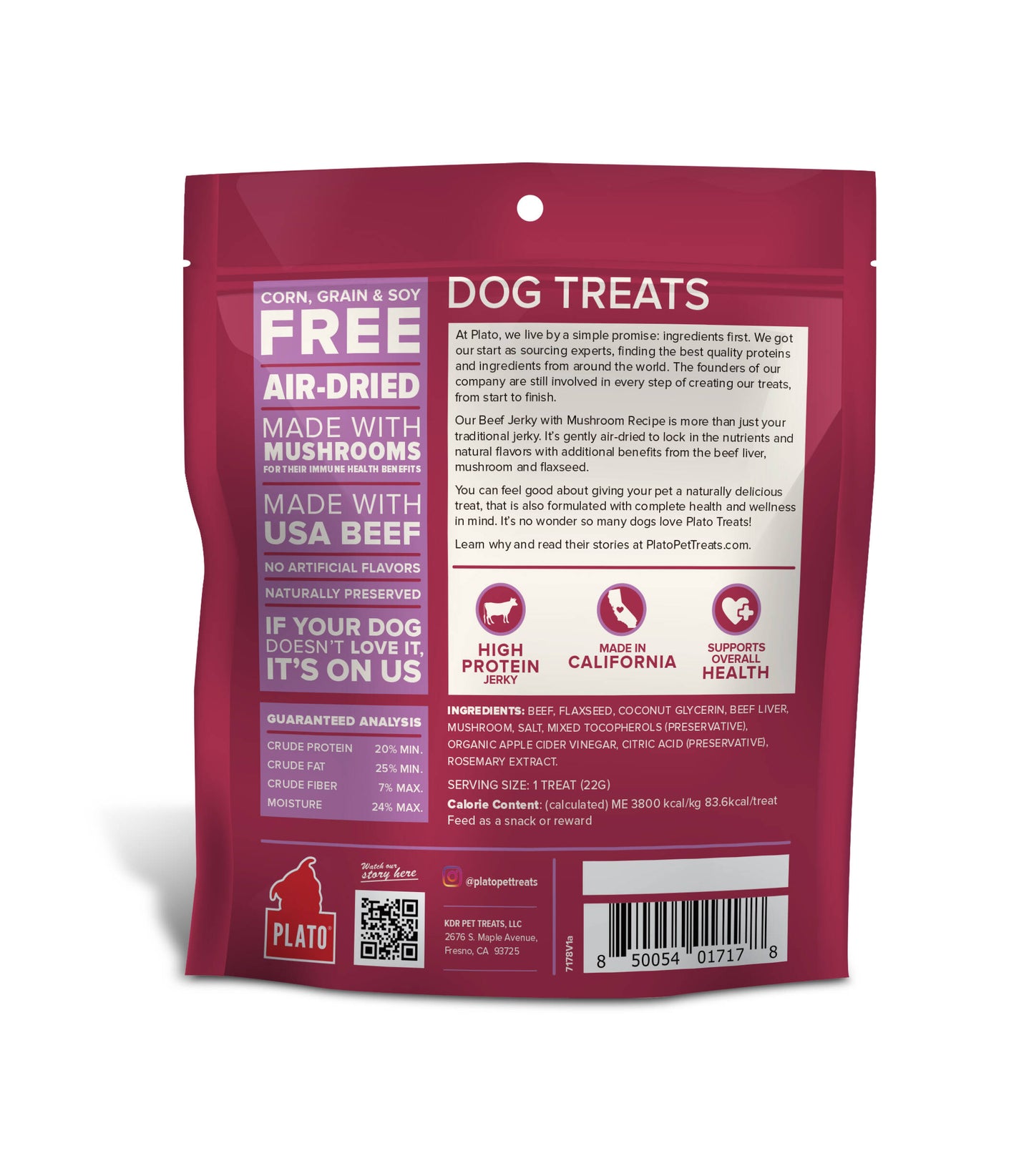 Plato Pet Treats Beef Jerky with Mushroom, 7-oz
