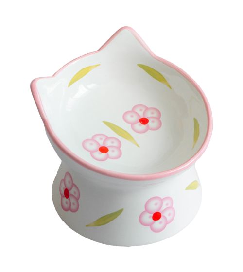 Dexypaws Raised Ceramic Cat Bowl, White and Powder Pink Flower Print Cat 7oz