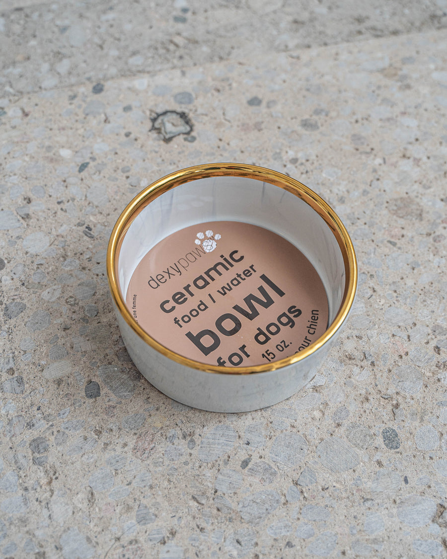 DexyPaws Grey Marble Dog Bowl with Gold Accent