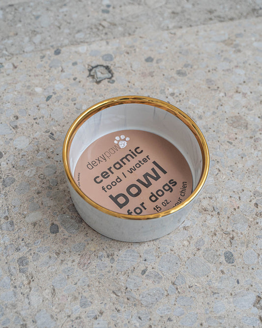 DexyPaws Grey Marble Dog Bowl with Gold Accent