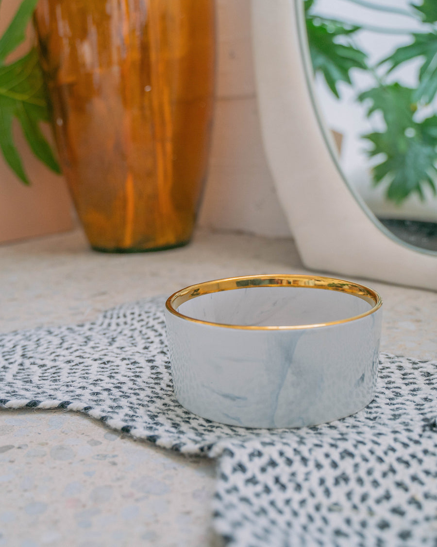 DexyPaws Grey Marble Dog Bowl with Gold Accent