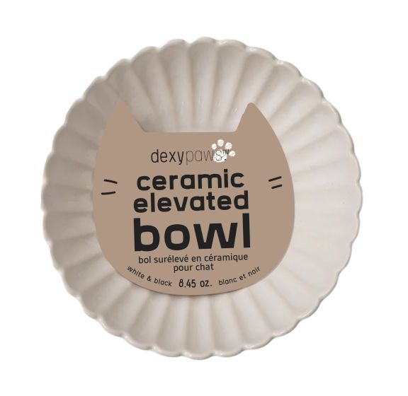 Dexypaws Raised Ceramic Cat Bowl, White With Black Flower, 8.7-oz