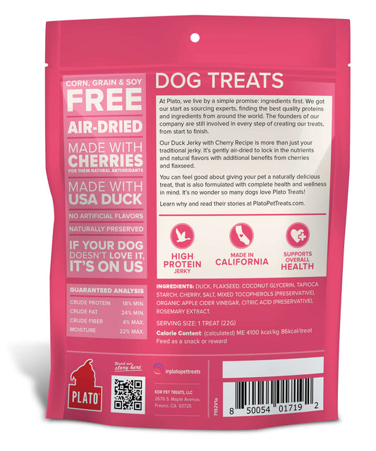 Plato Pet Treats Duck Jerky with Cherry, 7-oz
