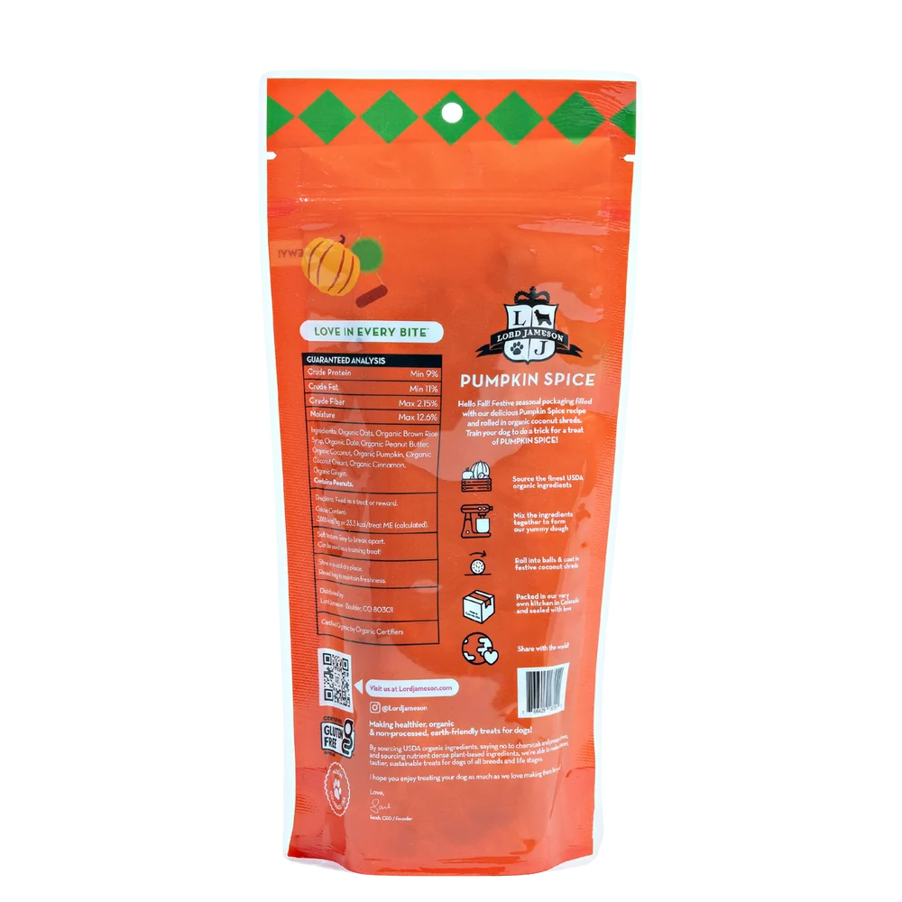 Lord Jameson Pumpkin Spice Organic Soft & Chewy Dog Treats 6-oz