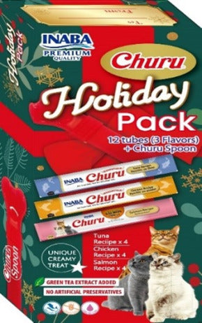 INABA Cat Holiday Pack Tuna, Chicken & Salmon Plus Churu Spoon, 12 tubes