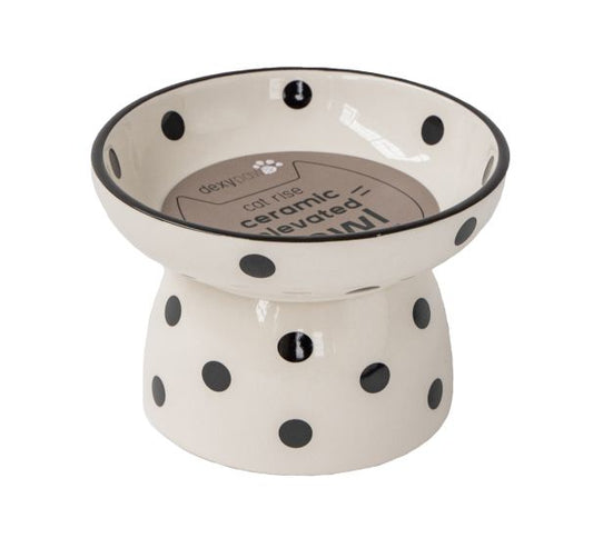 Dexypaws Raised Ceramic Cat Bowl, White and Black Dots Cat 8.7oz