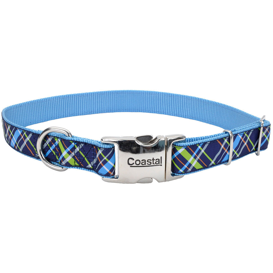 Ribbon Adjustable Dog Collar with Metal Buckle, Navy Blue Plaid, 1-in x 18-26-in