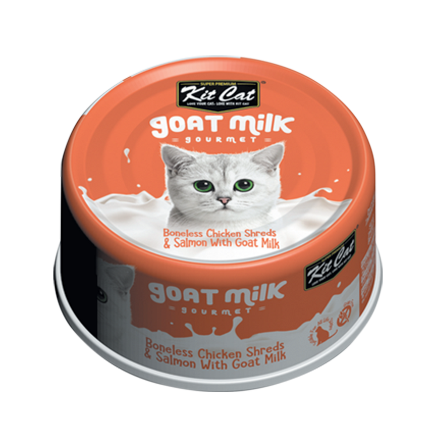 Kit Cat Goat Milk Gourmet Boneless Chicken Shreds & Salmon with Goat Milk Wet Cat Food Can, 70-gram x 24