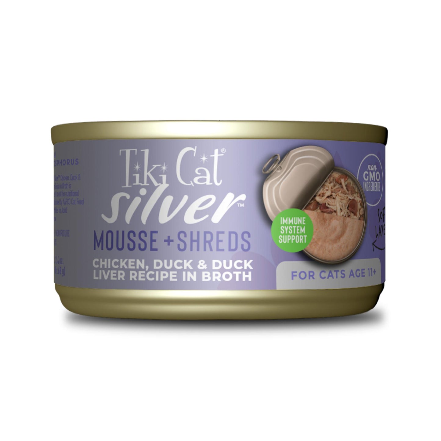 Tiki Cat Silver Senior Mousse & Shreds Chicken, Duck & Duck Liver Wet Cat Food Can, 2.4-oz (Size: 2.4-oz)