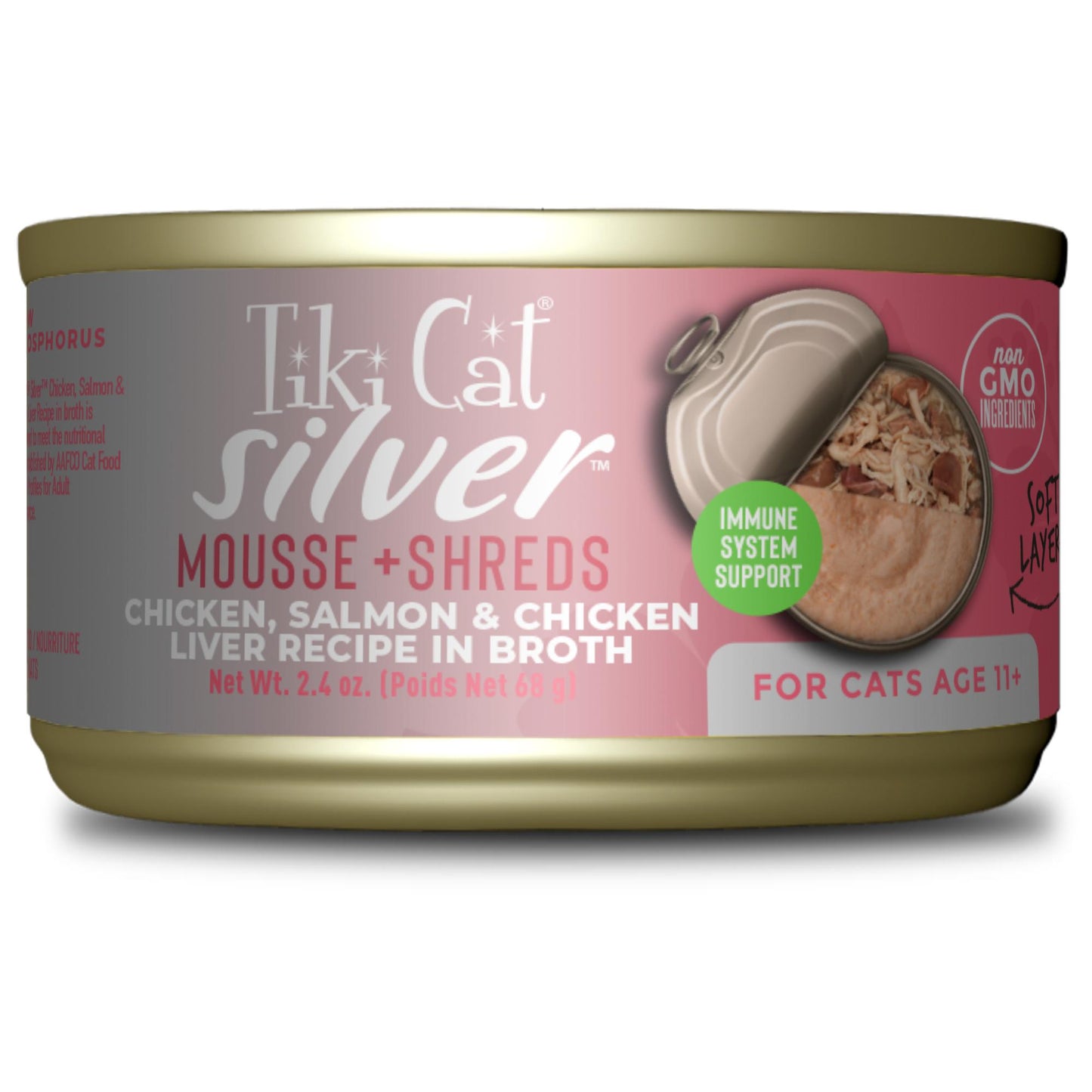 Tiki Cat Silver Mousse & Shreds Chicken, Salmon & Chicken Liver Senior Wet Cat Food Can, 2.4-oz
