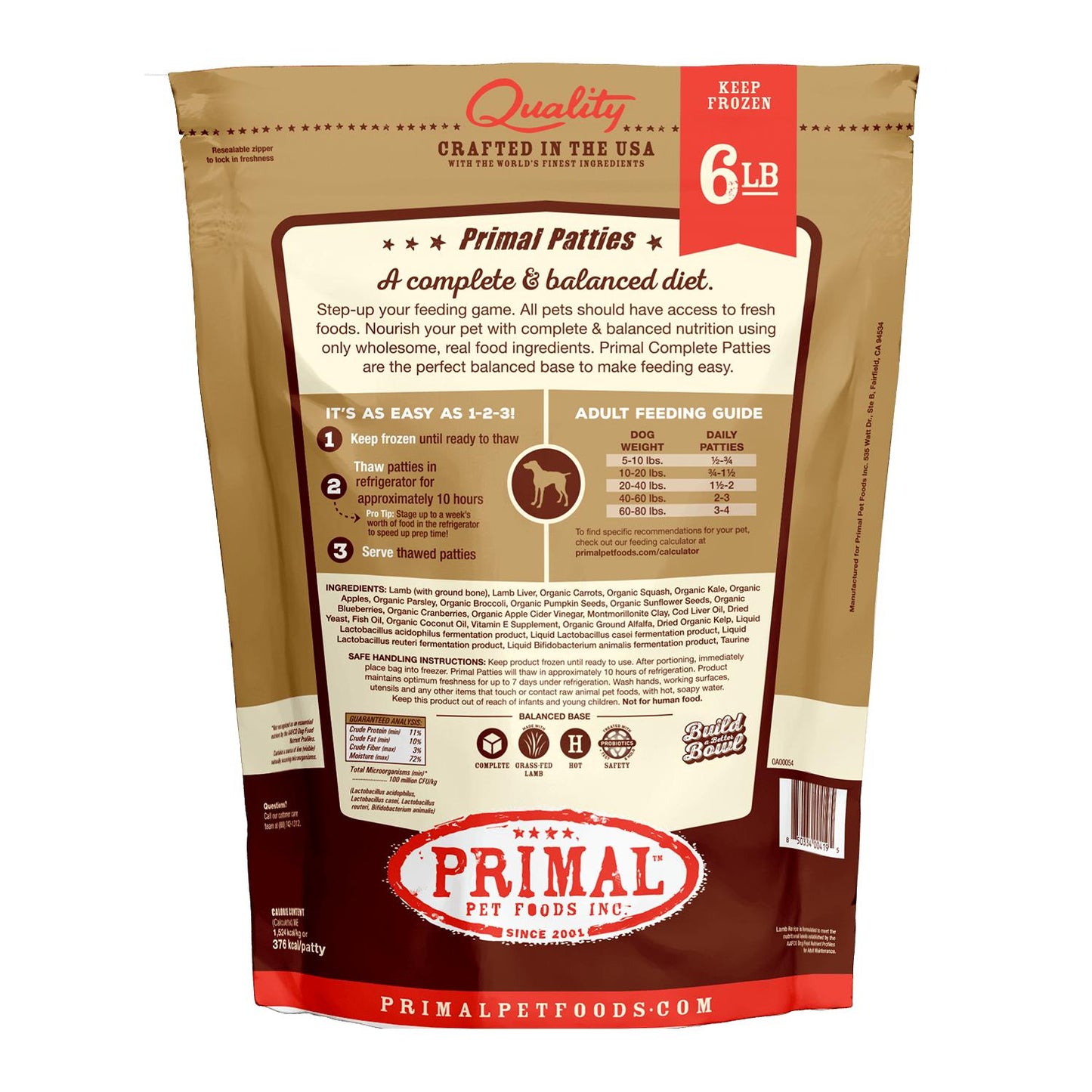 Primal Lamb Formula Patties Raw Frozen Dog Food, 6-lb (Size: 6-lb)
