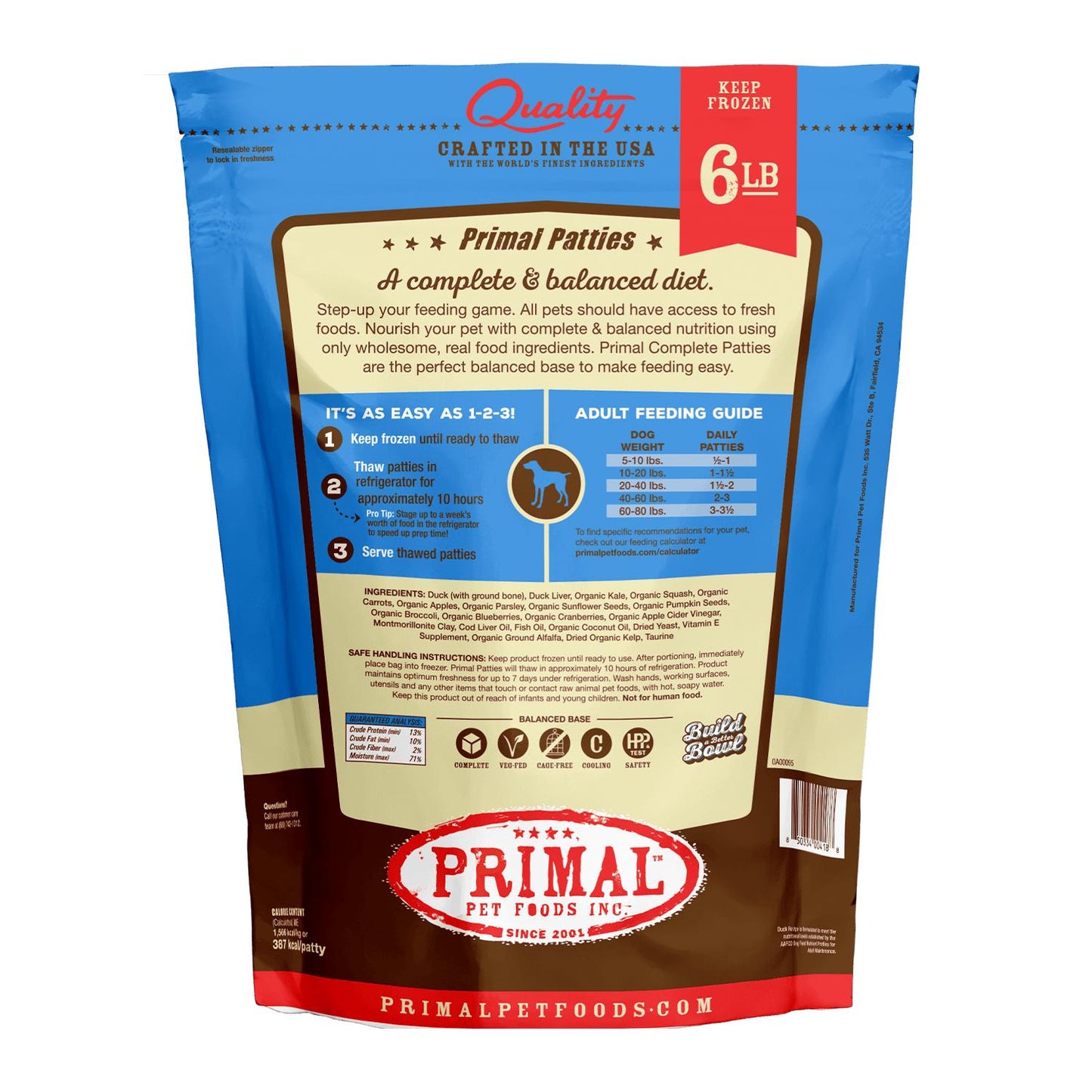 Primal Duck Formula Patties Raw Frozen Dog Food, 6-lb (Size: 6-lb)
