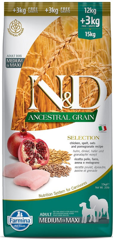 Farmina N&D Ancestral Grain Chicken & Pomegranate Selection Medium & Maxi Adult Dry Dog Food, 33-lb (Size: 33-lb)