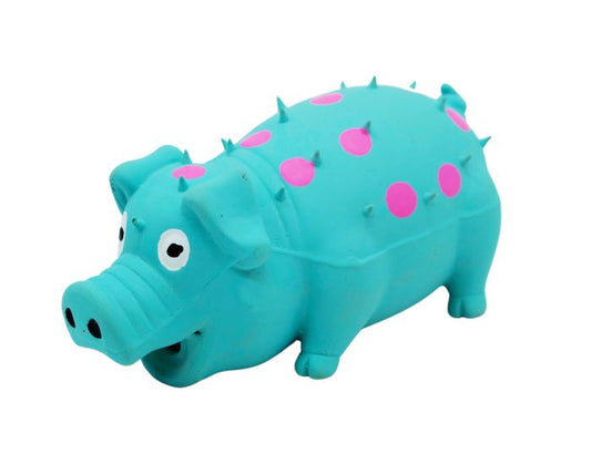 Bud'Z Latex Dog Toy With Squeaker - Turquoise Pig With Pink Dots Dog 6in