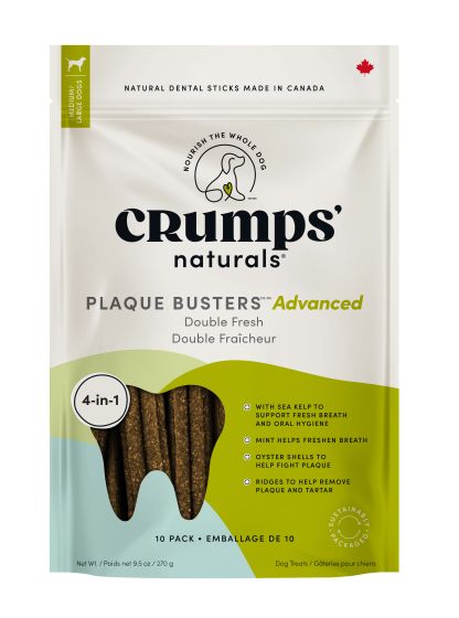 Crumps Naturals Plaque Busters Advanced Double Fresh Dental Sticks Dog Treats, 7-in, 10-pk