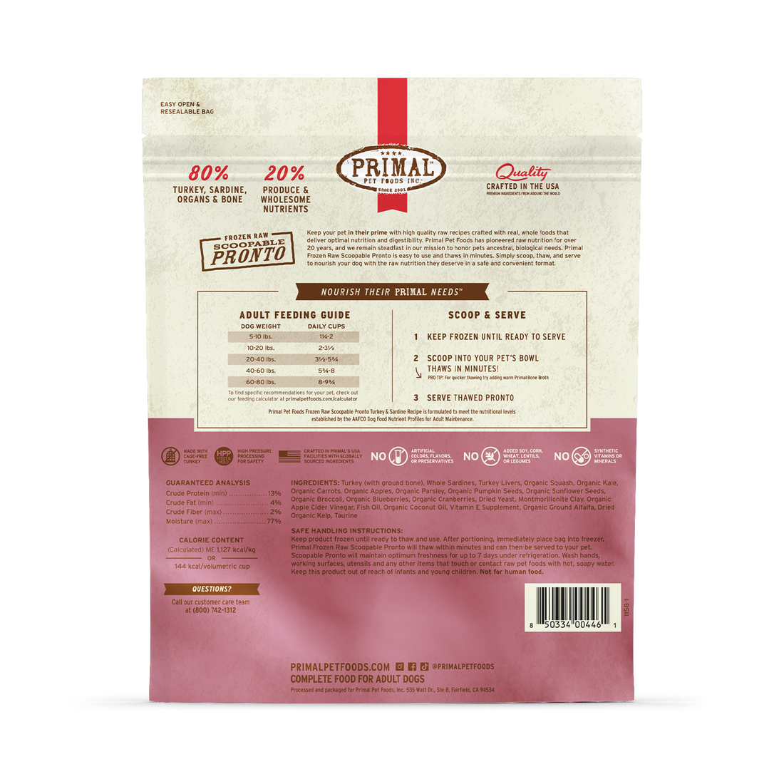 Primal Pronto Raw Frozen Turkey & Sardine Formula Dog Food, 4-lb (Size: 4-lb)