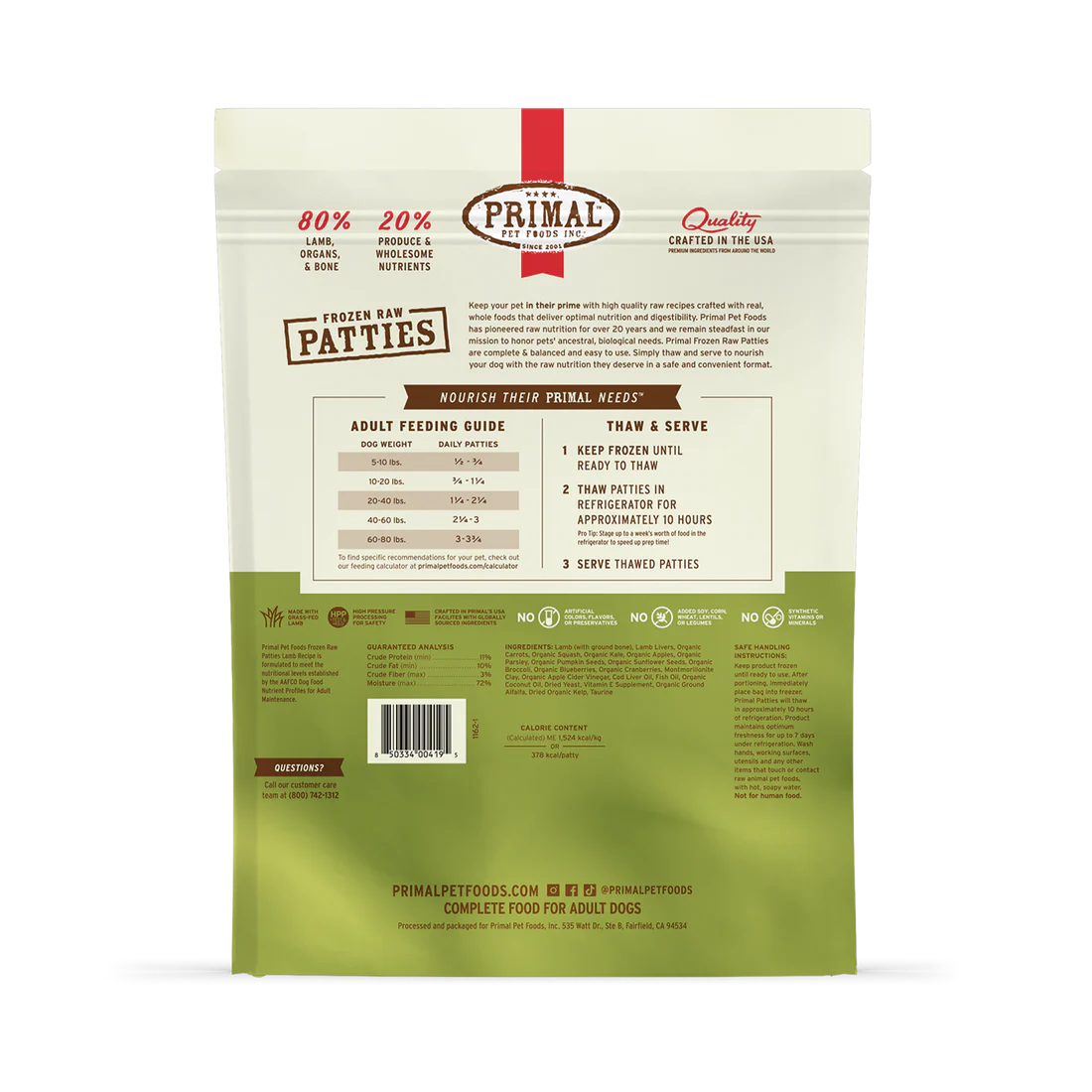 Primal Frozen Raw Patties Lamb Recipe Dog Food 6-lb