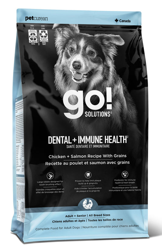 Go! Solutions Dental + Immune Health Chicken + Salmon Recipe With Grains Dog Food 4 lb bag packaging