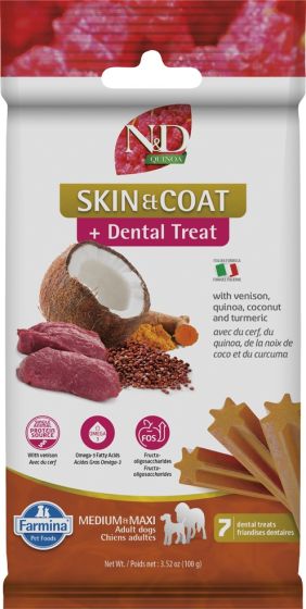 Farmina N&D Dental Treat Quinoa Skin & Coat Venison Med/Max Dog Treat, 100-g