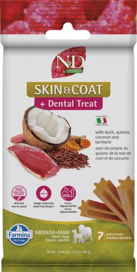 Farmina N&D Dental Treat Quinoa Skin & Coat Duck Med/Max Dog Treat, 100-g