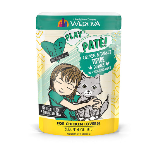 BFF PLAY PATE Chicken & Turkey Tiptoe Wet Cat Food Pouch, 3.0-oz