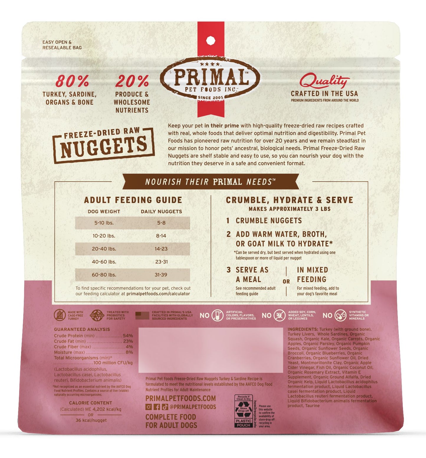 Primal Raw Freeze-Dried Nuggets Turkey & Sardine Formula Dog Food, 14-oz (Size: 14-oz)