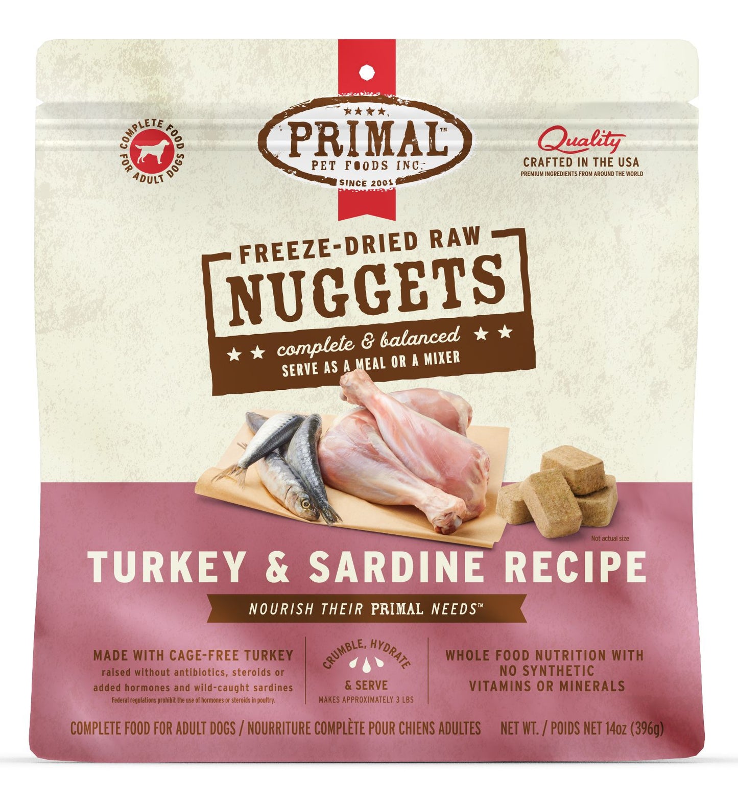 Primal Raw Freeze-Dried Nuggets Turkey & Sardine Formula Dog Food, 14-oz (Size: 14-oz)