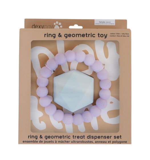 Dexypaws - 2 Piece Aggressive Ring and Geometric Treat Dispenser Set, Lilac and Sky Blue - Dog