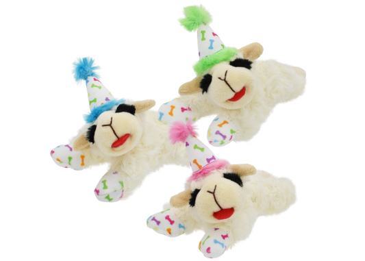 Multipet Lamb Chop with Birthday Hat Squeaky Plush Dog Toy 6-in