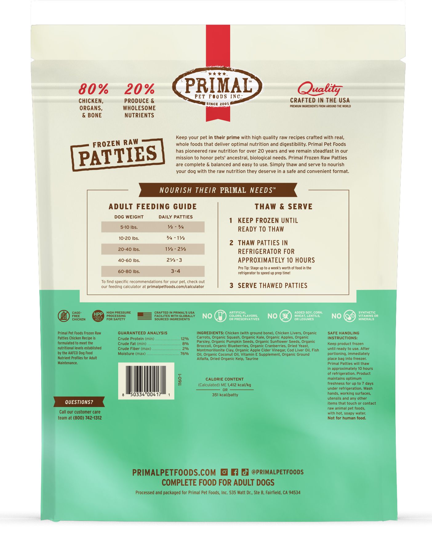 Primal Frozen Chicken Patties Dog, 6-lb