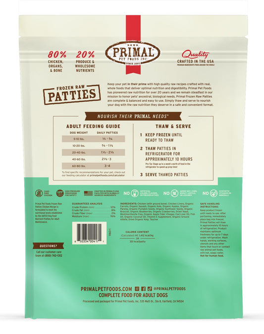 Primal Frozen Raw Patties Dog Food Chicken Recipe, 6-lb