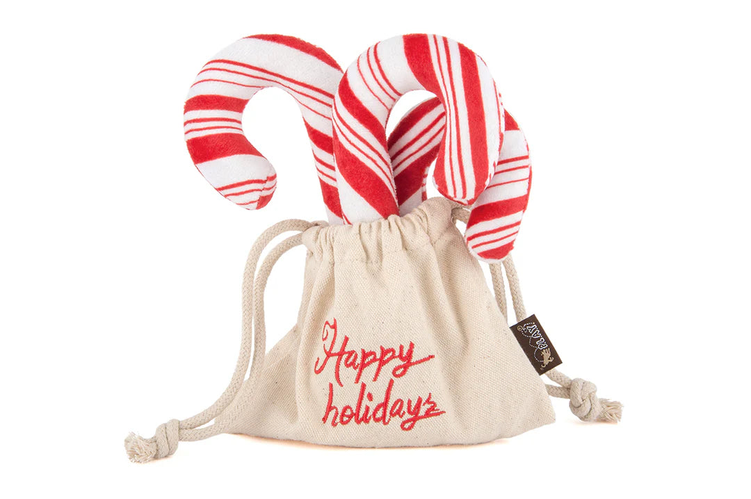 P.L.A.Y. Holiday Classic Cheerful Candy Canes Plush Dog Toy 3 Pack