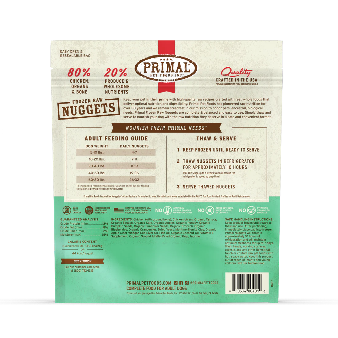 Primal Frozen Raw Nuggets Chicken Recipe Dog Food 3-lb