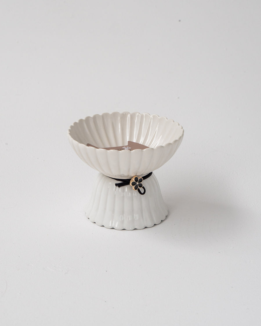 Dexypaws Raised Ceramic Cat Bowl, White With Black Flower, 8.7-oz