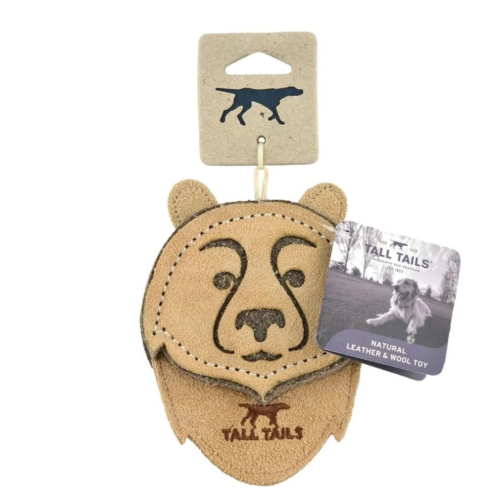 Tall Tails – Natural Leather & Wool Scrappy Bear Toy – 4″
