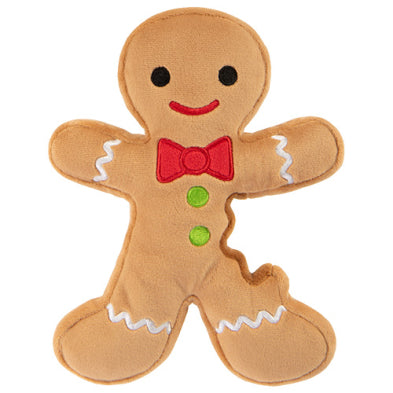goDog Holiday Gingerbread Man Plush Dog Toy, Medium, with red bowtie and bite detail