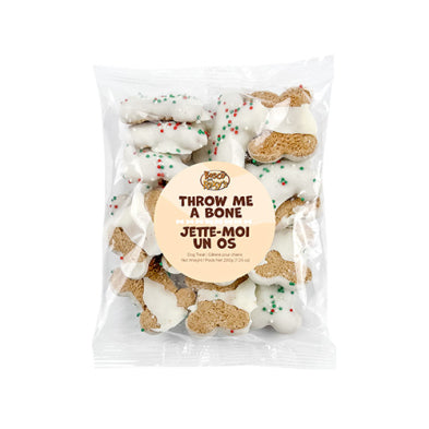 Bosco and Roxy's Holiday Throw Me A Bone yogurt coated dog cookies with red and green sprinkles 200-g bag