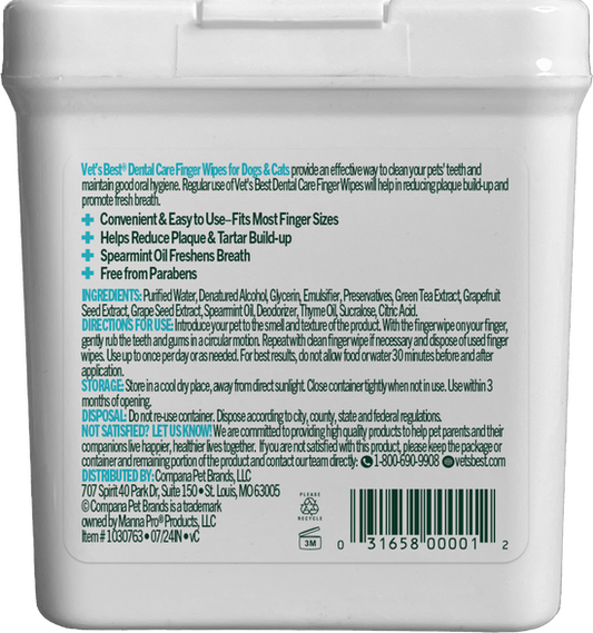 Vets Best Dental Finger Wipes For Dogs & Cats 50ct