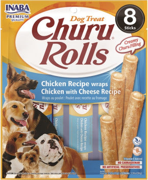 INABA - Dog Churu Rolls - Chicken Recipe Wraps - Chicken with Cheese Recipe - 8 Sticks