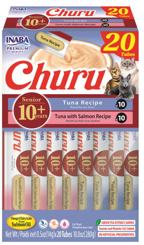Inaba Cat Churu Senior 10+ Variety Tuna and Tuna with Salmon Recipe, 20 Pack