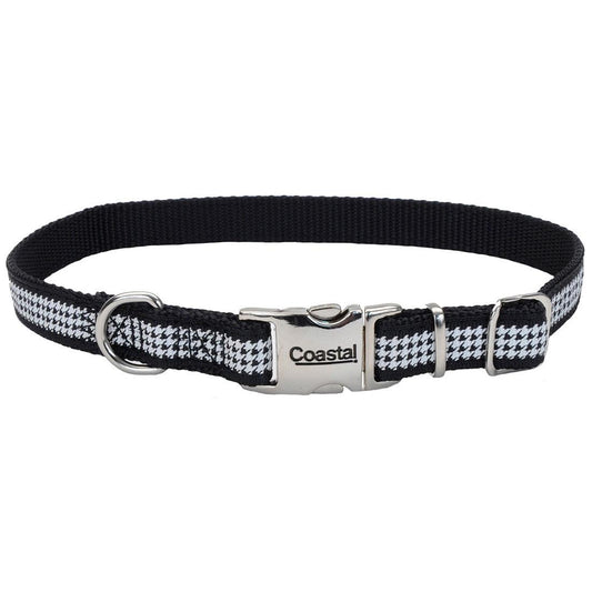 Ribbon Adjustable Dog Collar with Metal Buckle, Houndstooth, 1-in x 18-26-in (Size: 1-in x 18-26-in)