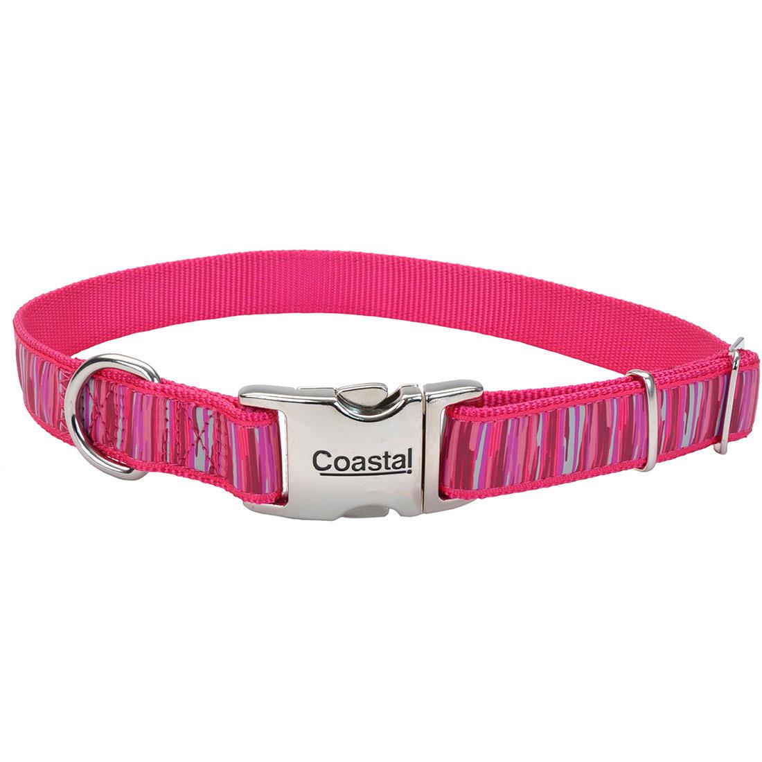 Ribbon Adjustable Dog Collar with Metal Buckle, Pink Flamingo Stripe, 1-in x 18-26-in (Size: 1-in x 18-26-in)