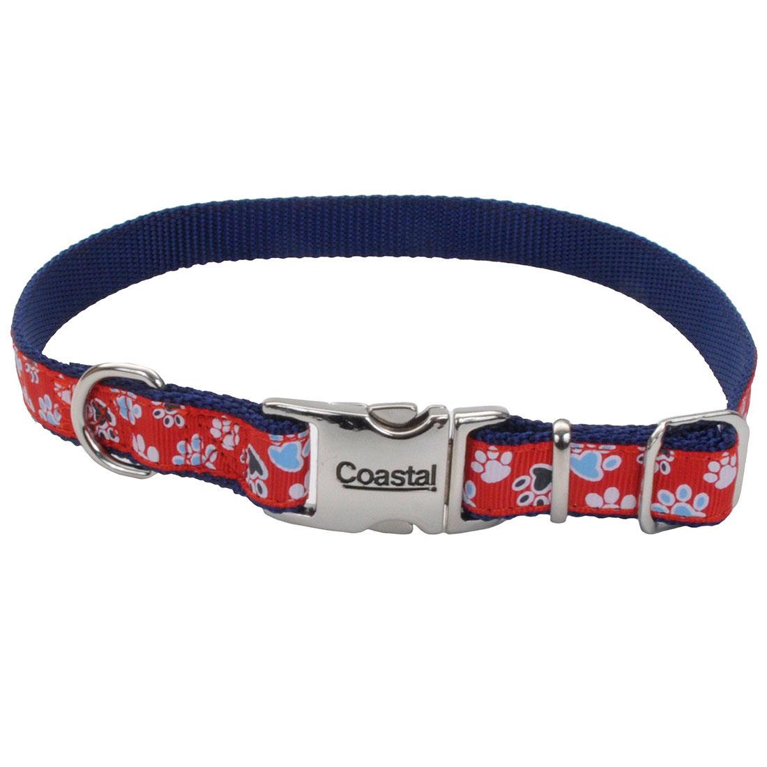 Ribbon Adjustable Dog Collar with Metal Buckle, Red with Paws, 5/8-in x 8-12-in (Size: 5/8-in x 8-12-in)